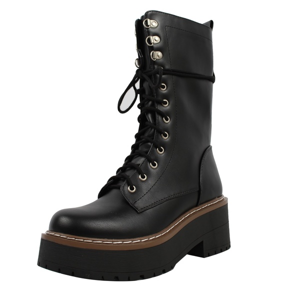 Black Faux Leather  Combat Mid Calf Platform Block Heel Boot - Picture 2 of 7